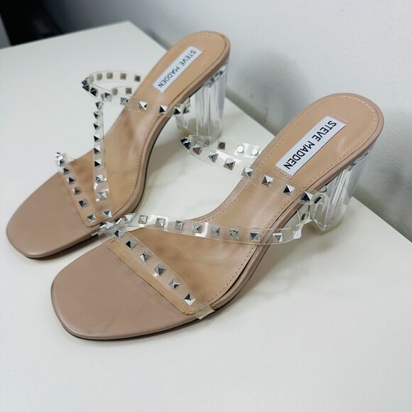 Steve Madden Nude Lucite Tangent Cone Heel Clear Silver Studded Strappy Sandal 9 - Picture 9 of 16